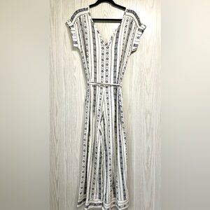 Monteau Womens Jumpsuit Small Ivory Navy Blue Patterned Stripe Crop Wide Size L